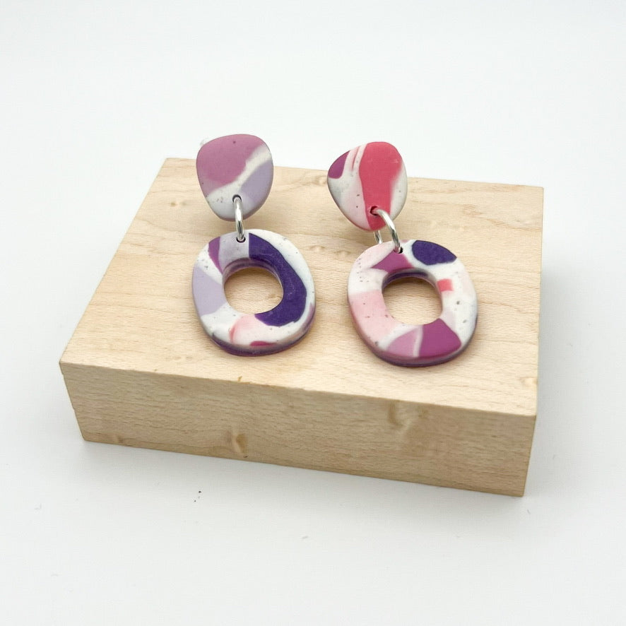 Open Oval Earrings – Pink, Purple, and White Marbled