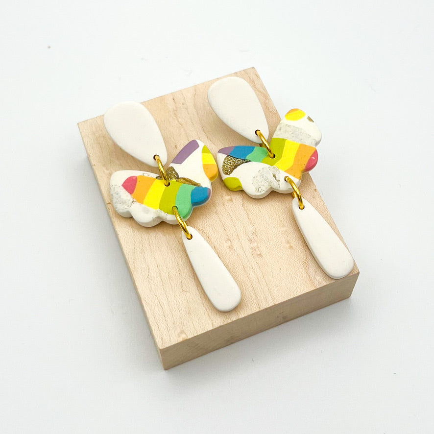 Butterfly and Drop Earrings – Rainbow Patchwork, White, and Gold Glitter