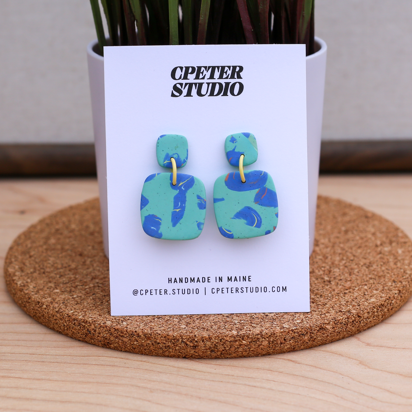 Square Drop Earrings – Seafoam & Cobalt Marble