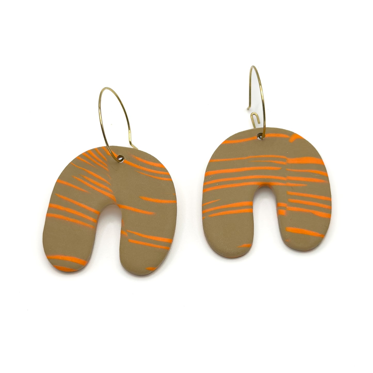 Organic Arch Drop Earring – Taupe with Neon Orange Linework