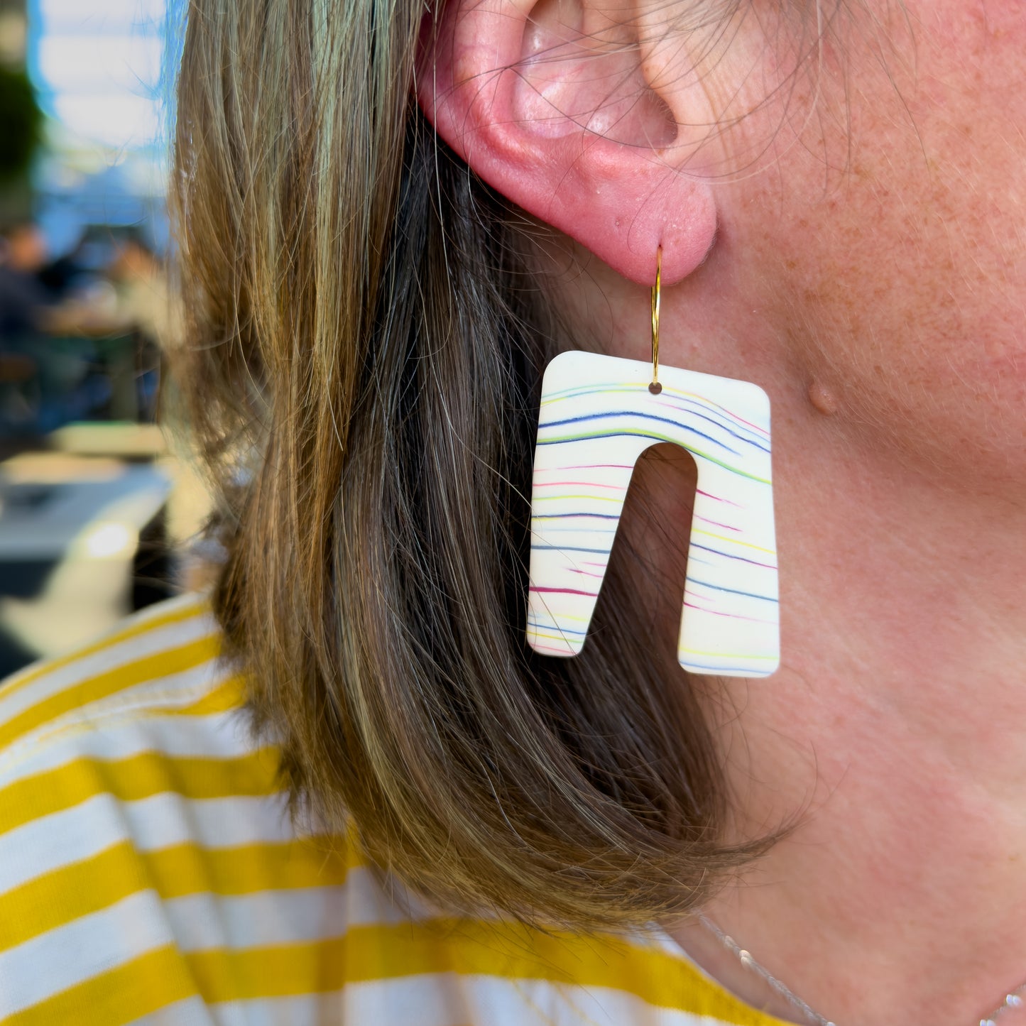 Arch Drop Earring – Cream with Rainbow Linework