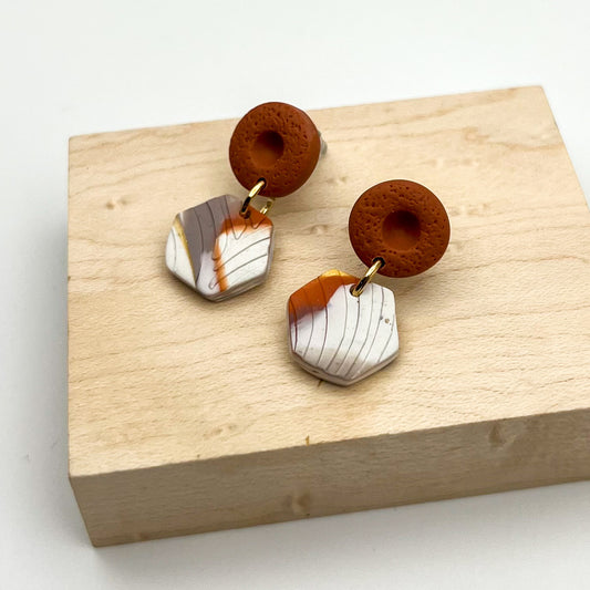 Round and Hexagon Drop Earrings – Terracotta and White Marble