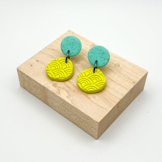 Round Drop Earrings – Speckled Aqua & Chartreuse Wave