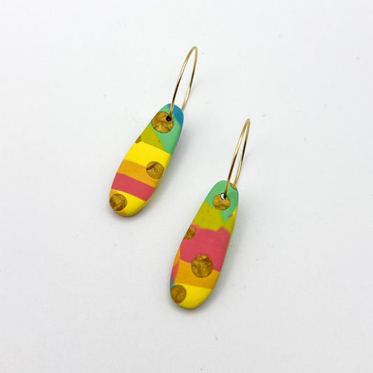 Oval Drop Earrings – Rainbow Patchwork and Gold Accents