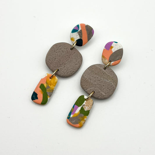 Triple Geometric Drop Earrings – Multicolor and Taupe