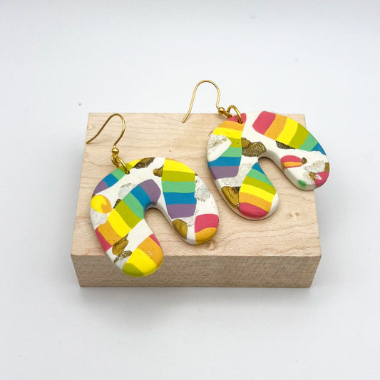 Rainbow Arch Earrings – Rainbow Patchwork, White, and Gold Glitter