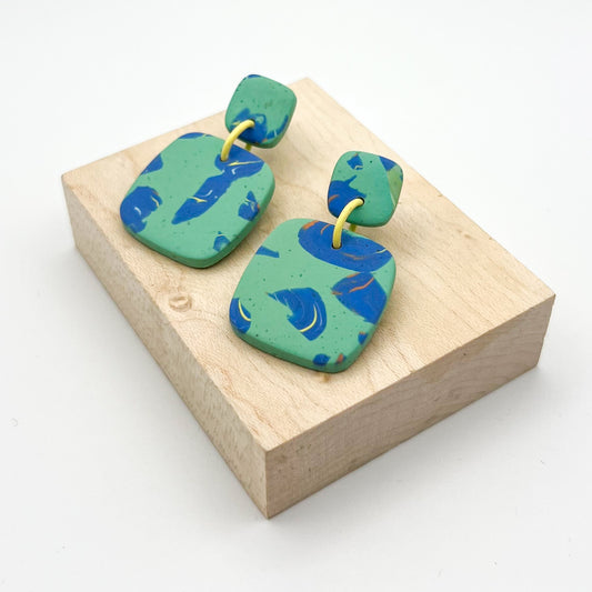 Square Drop Earrings – Seafoam & Cobalt Marble