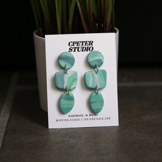 Triple Geometric Drop Earrings – Marbled Mint and Aqua