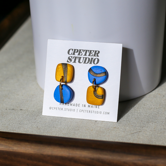 Square Drop Earrings – Cobalt & Golden Mustard
