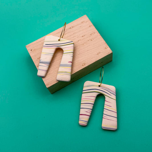 Arch Drop Earring – Cream with Rainbow Linework