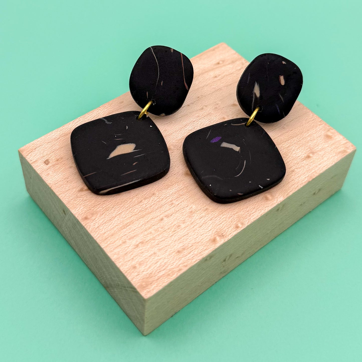 Double Square Drop Earring – Black Nightfall Marble