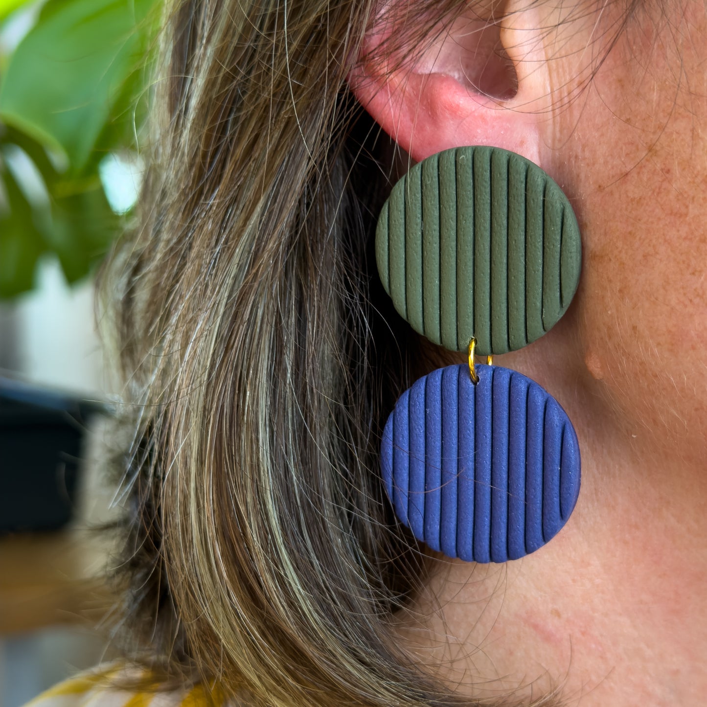 Double Circle Earring – Olive & Navy Stripe Texture