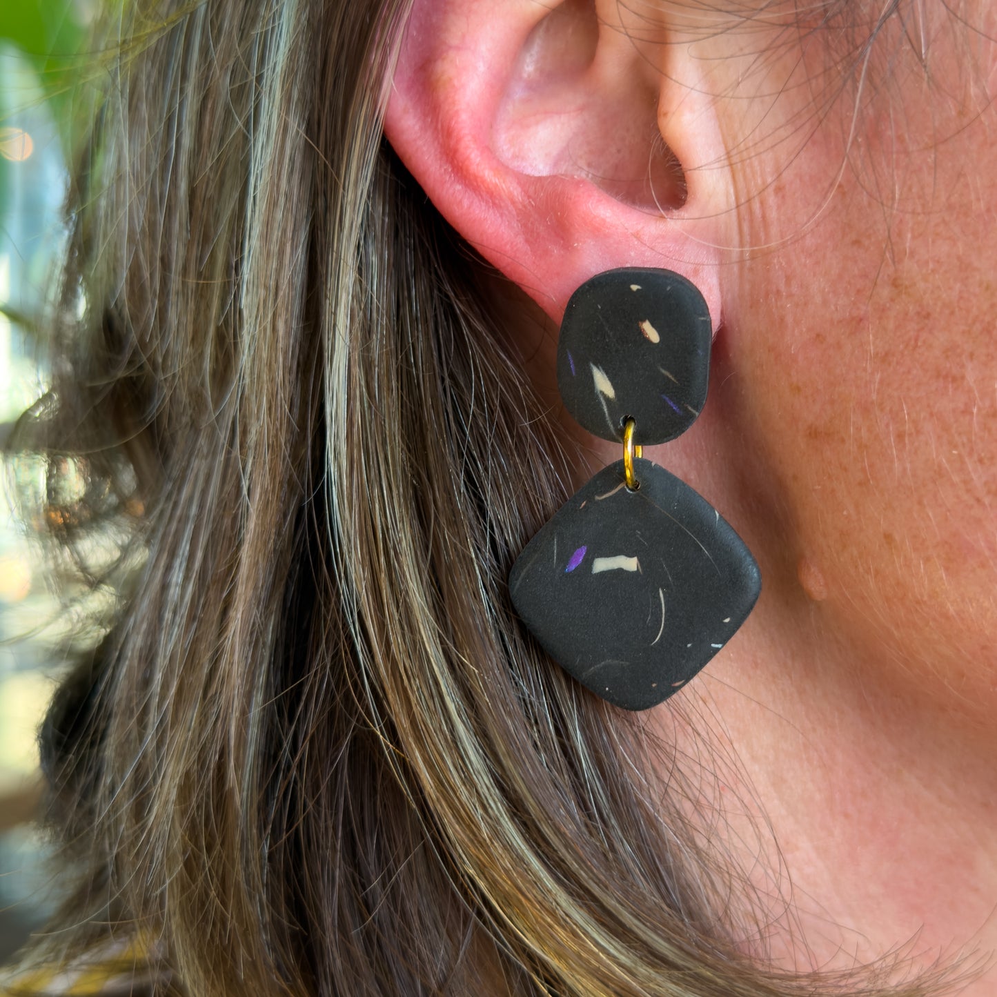 Double Square Drop Earring – Black Nightfall Marble